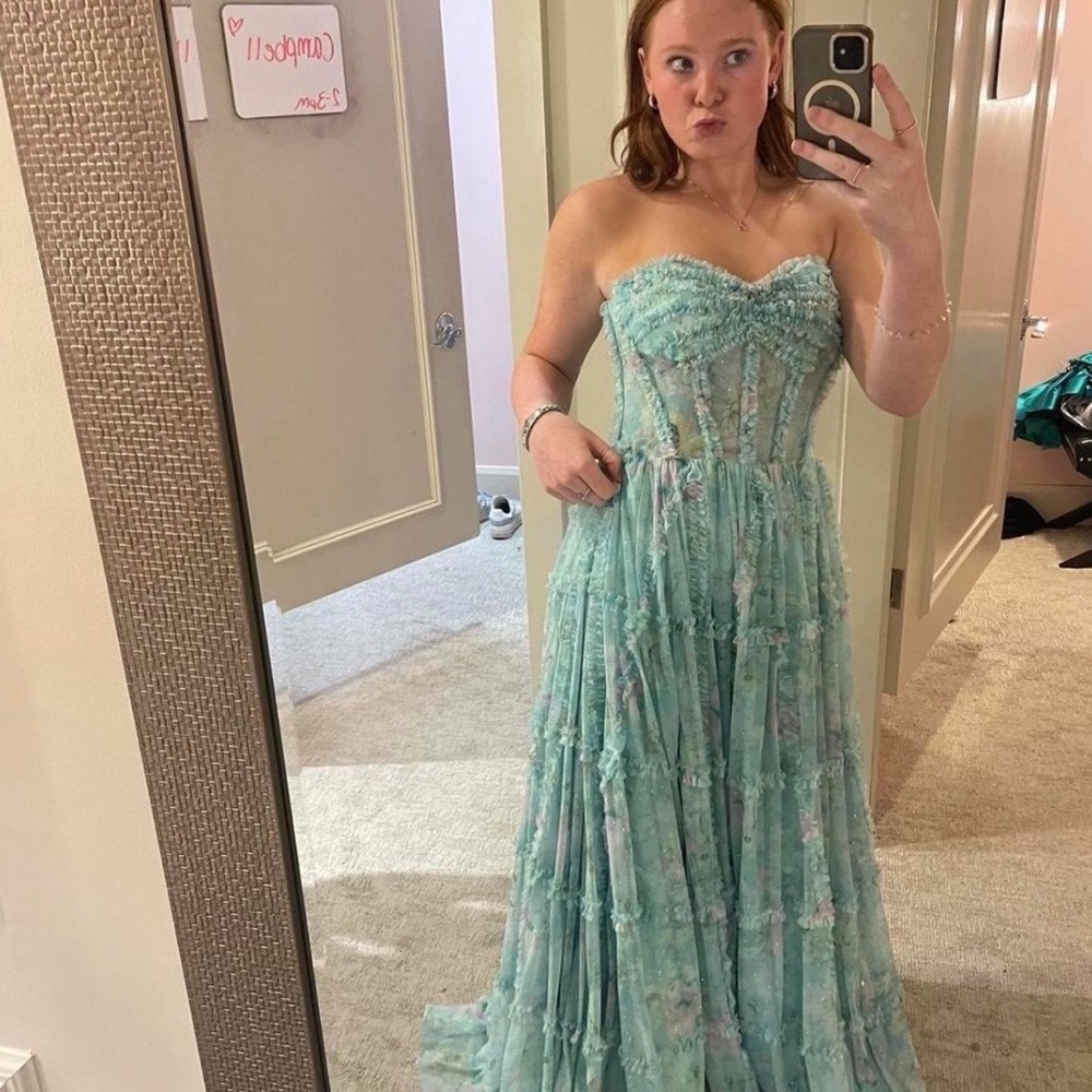 Strapless Blue Ruffled Dress - Picture 2 of 3